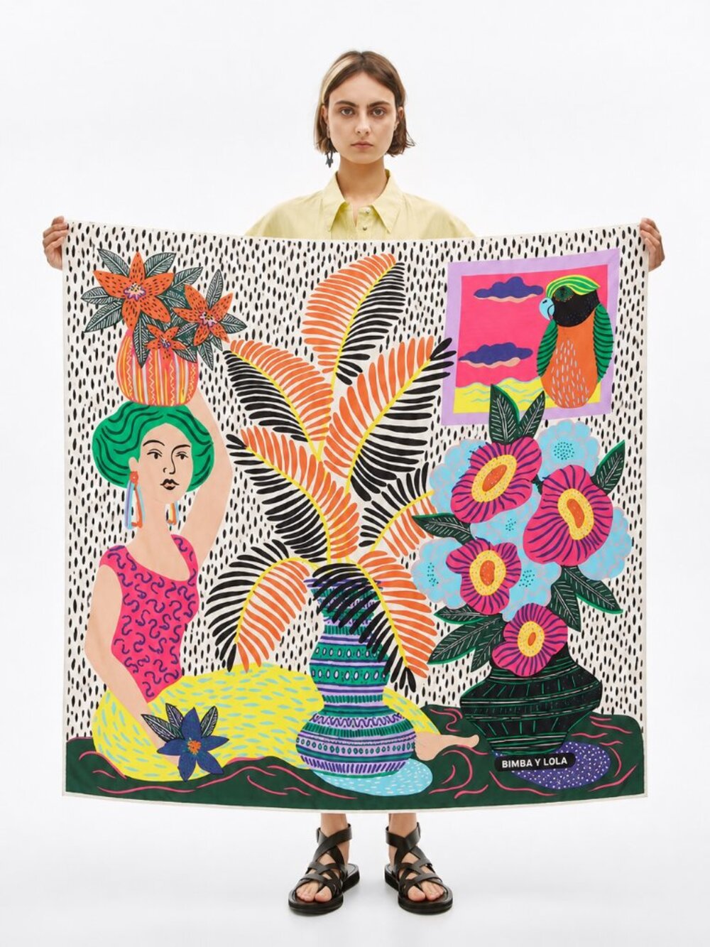 Bimba Y Lola Silk Scarf Tropical Woman Parrot Floral Folk Art Large Square